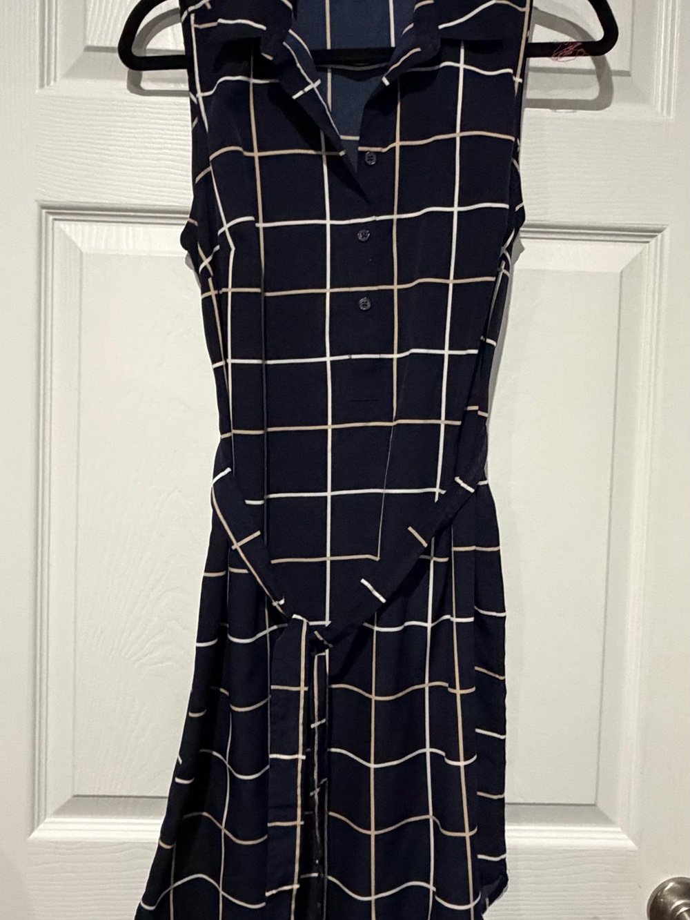 Ann Taylor Navy and White Windowpane Sleeveless Shirt Dress